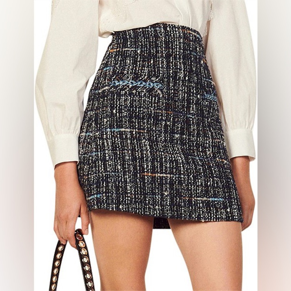 SANDRO Paris Marietha Navy Blue Tweed Mini SKIRT Preppy Old Money Academia SZ 2